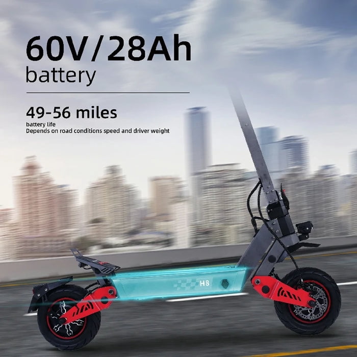 FREEBOY H8 Dual Motor Electric Scooter, 6000W, 60V 28Ah Battery, 50 mph Top Speed, 50–56 Mile Range, Dual Hydraulic Disc Brakes, 11" Off-Road Tires, IPX5 Waterproof, 330 lb Max Load