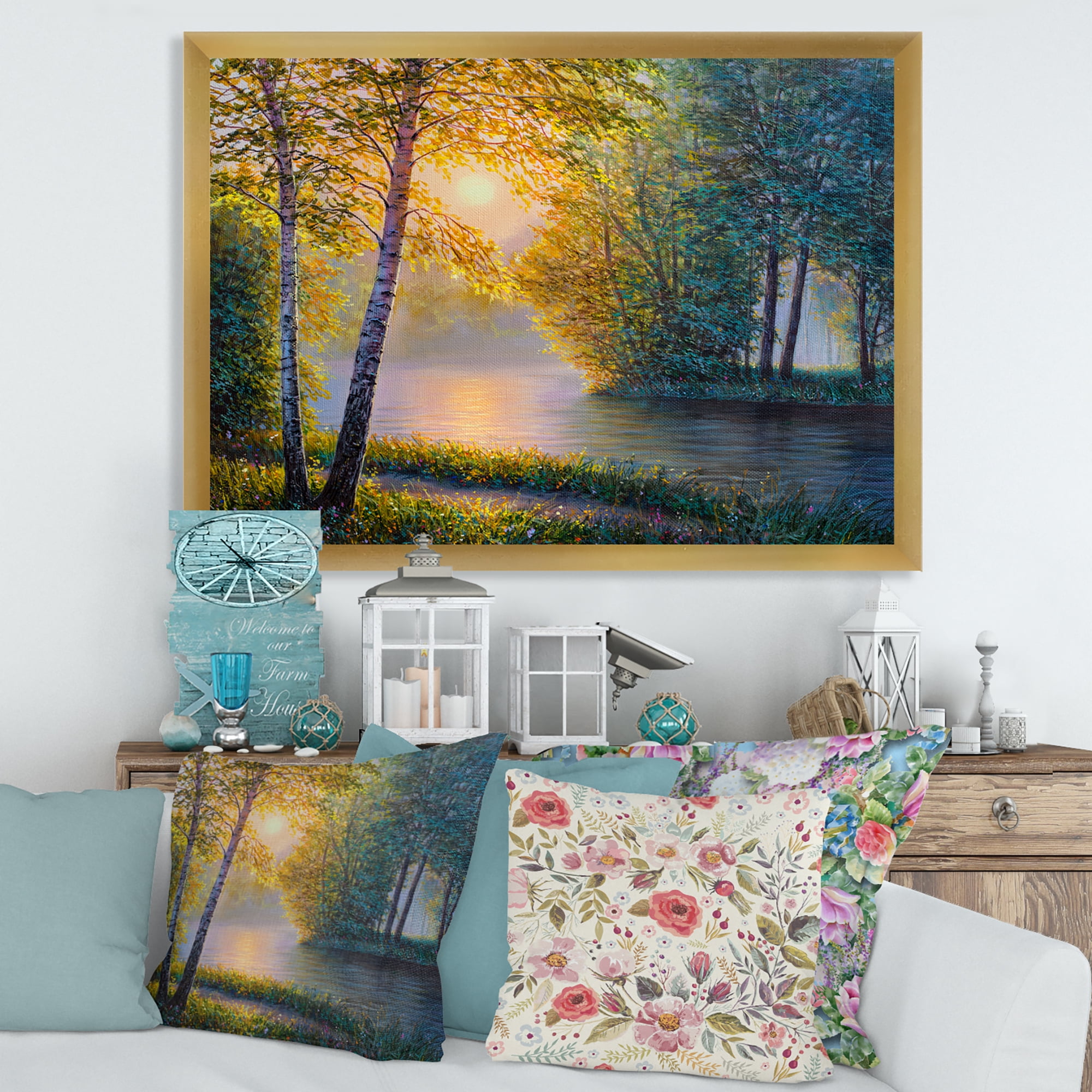 Sunrise Summer With Beautiful River Spring Forest 40 in x 30 in Framed Photography Canvas Art Print, by Designart
