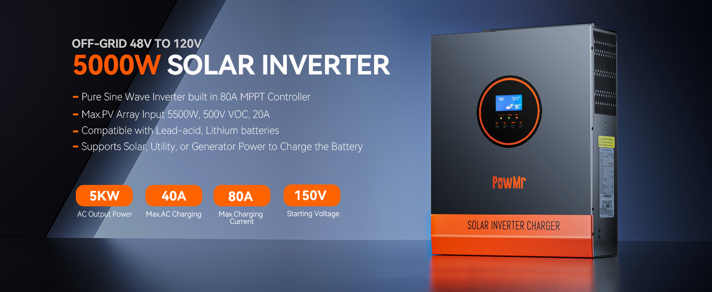 5000W Split Phase120V 110V AC Grid Tie 48V All In One Hybrid Inverter Built 100A MPPT Solar Charger Max Parallel 6 Inverters