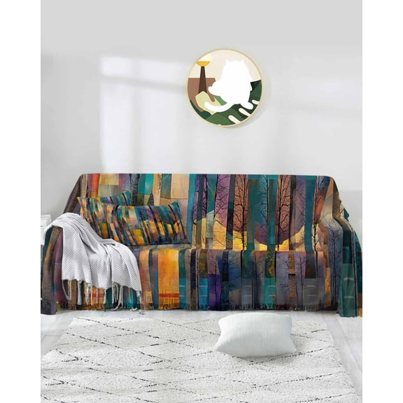 Forest Tree Sofa Covers for 3 Cushion Couch,Washable Sectional & L Shape Couch Covers for Dog/Cat/Kid,Colorful Abstract Modern Sunset Painting Non Slip Sofa Slipcover Tassel Futon Cover 71x150