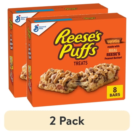 (2 pack) REESE'S Puffs Cereal Treat Bars, Peanut Butter and Cocoa, Snack Bars, 8 Count, 6.8 oz