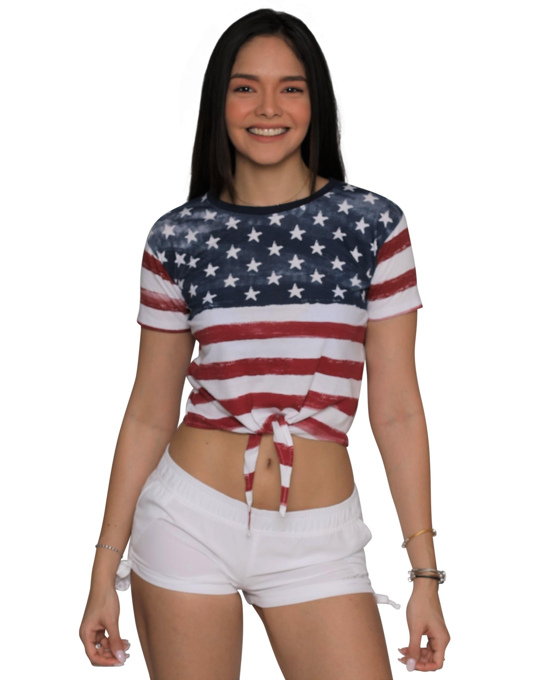 U.S. Vintage Knot Front Cuffed Sleeve / Sleeveless Stars and Stripes Crop Top Tee USA Patriotic T-Shirt, Stars, Size: Large - image 4 of 4