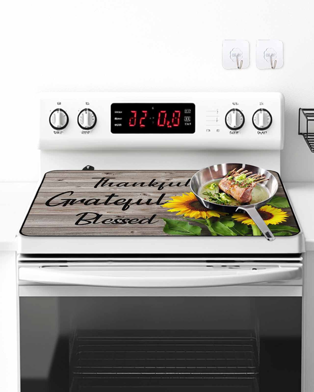 Stove Top Covers for Electric Stove, Farm Sunflower Glass Stovetop Cover Protector, Positive Floral Vintage Brown Wooden Induction Cooktop Protector Oven Mat for Kitchen Countertop 24"x21"