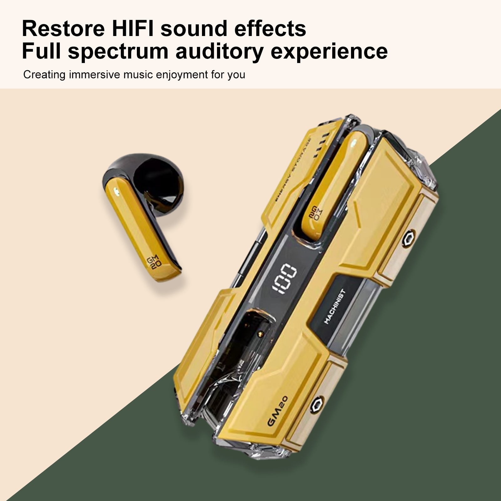 Wireless Earbuds Bluetooth 5.3 Headphones 90 Hrs Playtime Earbuds with Wireless Charging Case Power Display Over-Ear Earphones with Earhooks Waterproof Stereo Headset for Android Phone Workout,Yellow