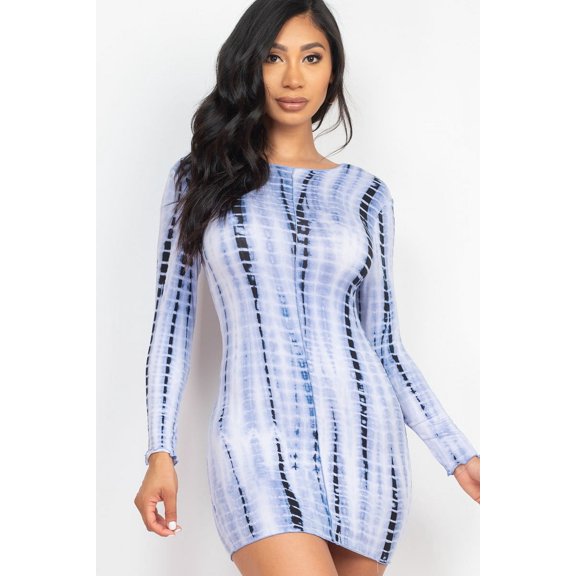 Saronite Tie-dye Printed Bodycon Lettuce Trim Long Sleeve Mini Dress, Navy (Women's)