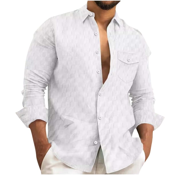 Blusa y camisa de manga larga con cuello vuelto para hombre, informal, con botones y bolsillos, a cuadros, de poliéster