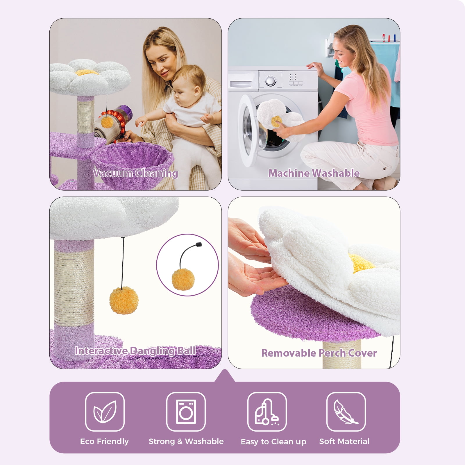 Pefilos 32" Cat Tree Tower, Cute Cat Condo with Sisal Scratching Ramp, Cozy Hammock and Removable Top Bed Perch for Indoor Kittens, Purple