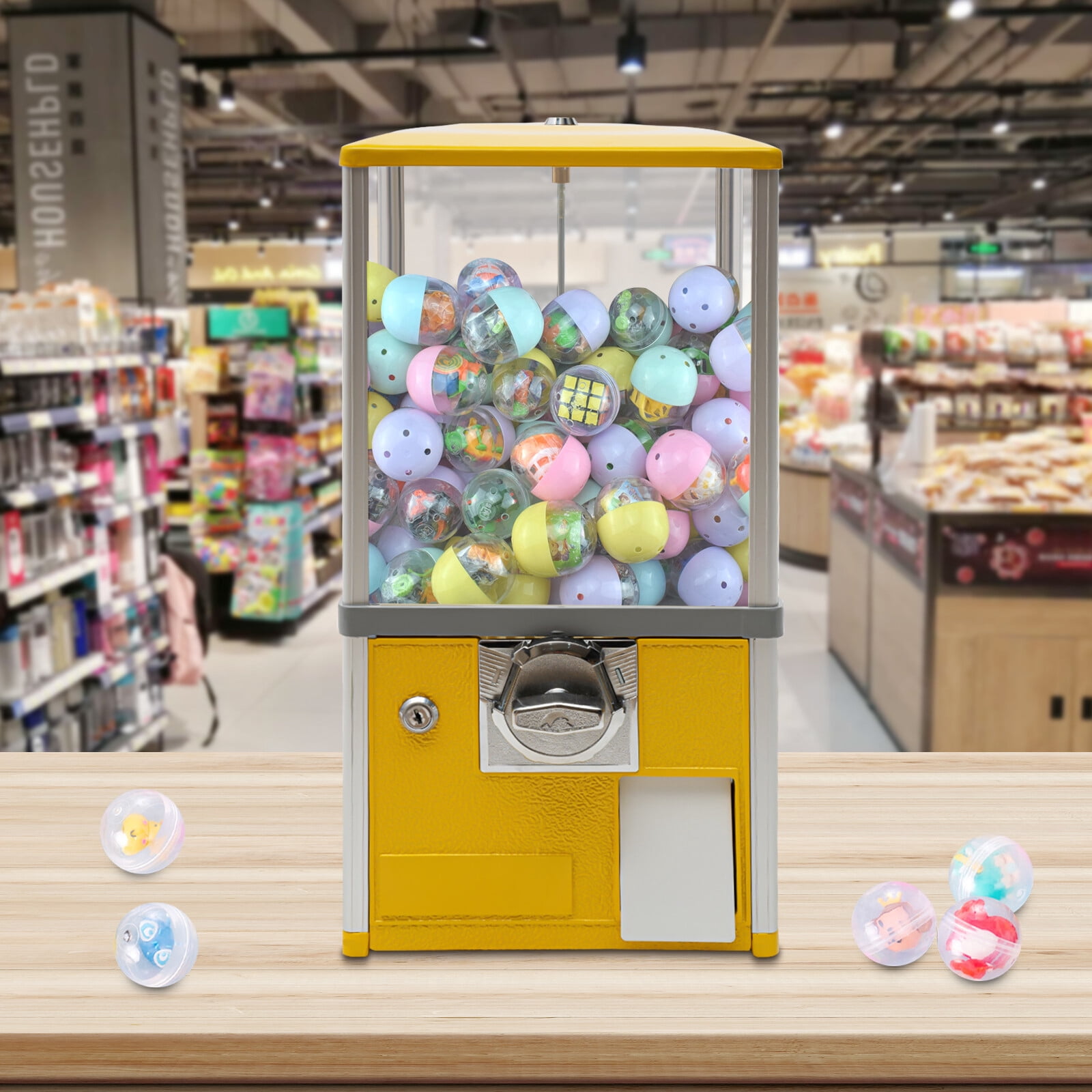 Yellow Commercial Gumball Candy Bulk Vending Machine with Removable Canisters Dispenser Coin Bank Capacity 800 Coins 11.42*10.24*20.87 in for Game Stores, Retail Stores, and Amusement Parks