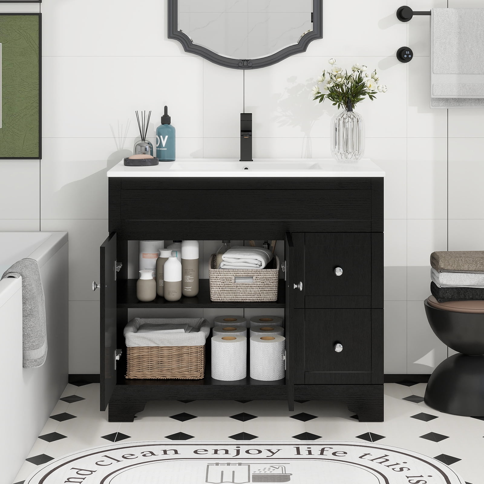 PULUOMIS 36" Bathroom Vanity with Sink Combo, Modern Bathroom Storage Vanities Set with 2 Drawers and 1 Soft Closing Door, Ceramic Undermount Sink, Without Faucet, Black