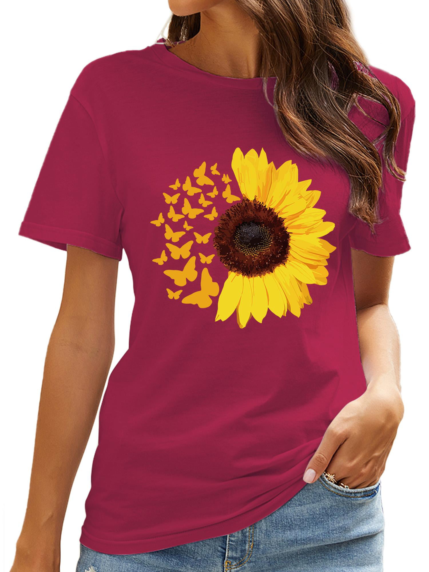Womens Round Neck Tshirts Cute Butterfly Sunflower Printing Vacation Casual Tops Summer Graphic Tees for Teen Girls