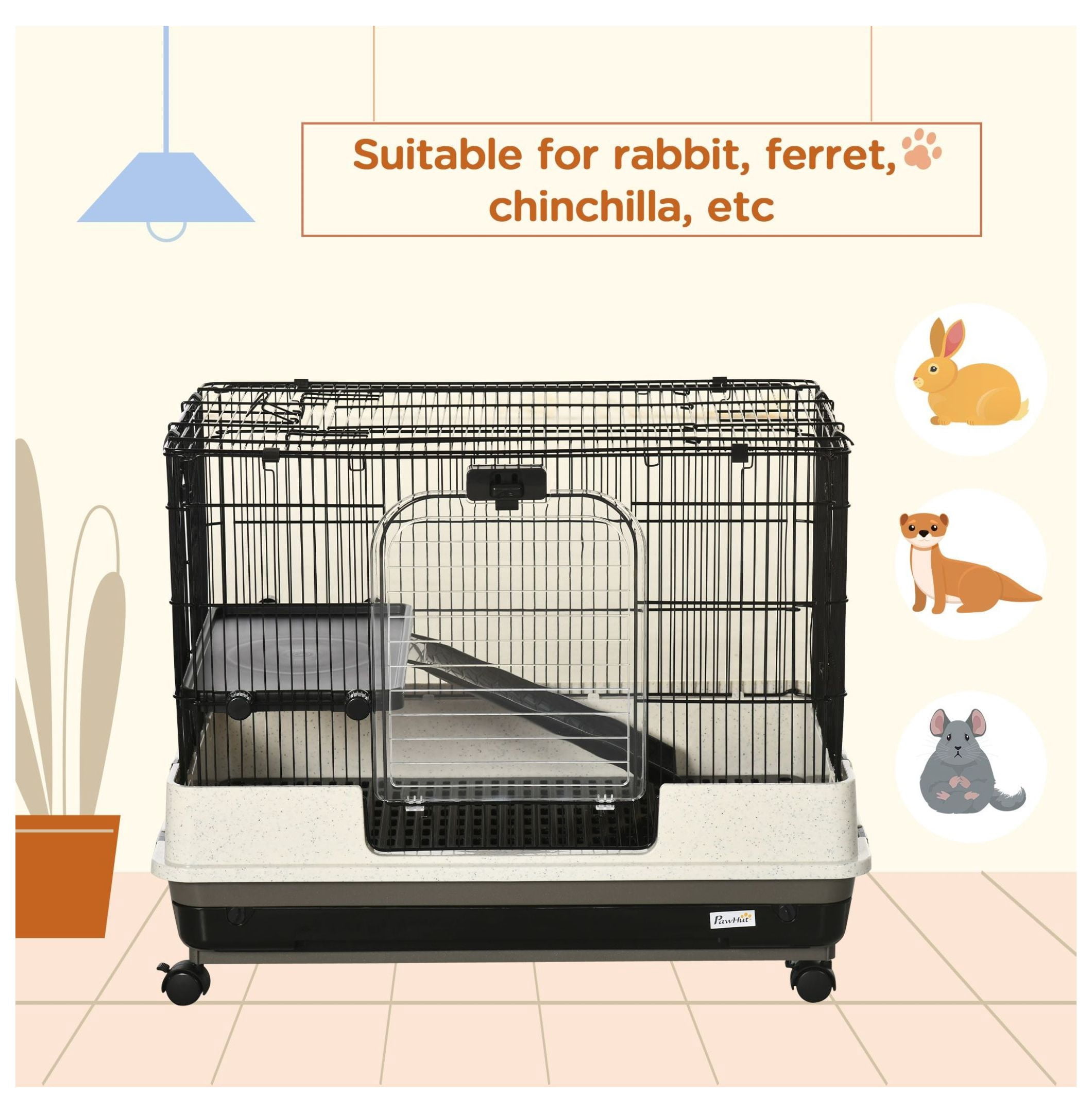 2-Tier Black Small Animal Cage Rabbit Hutch with Wheels Removable Tray Platform Ramp for Bunny Chinchillas Hedgehog Gerbils
