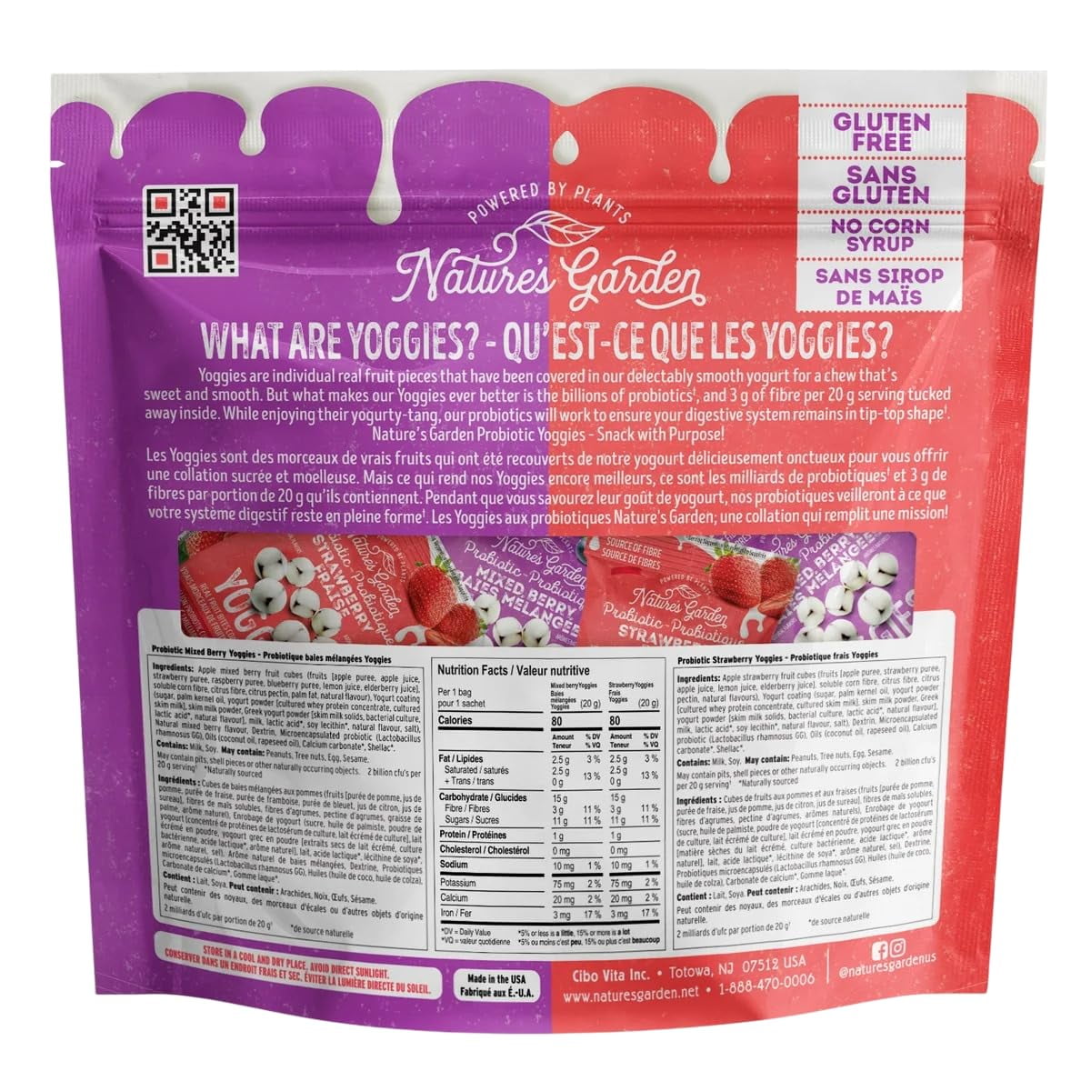 Nature's Garden Probiotic Yoggies Multi Pack, 21oz (Strawberry Yoggies 15x0.7 oz +Mixed Berry Yoggies 15x0.7 oz), Strawberry and Mixed Berry Yogurt Covered Snack, High Fiber, Real Fruit Pieces, No Ar