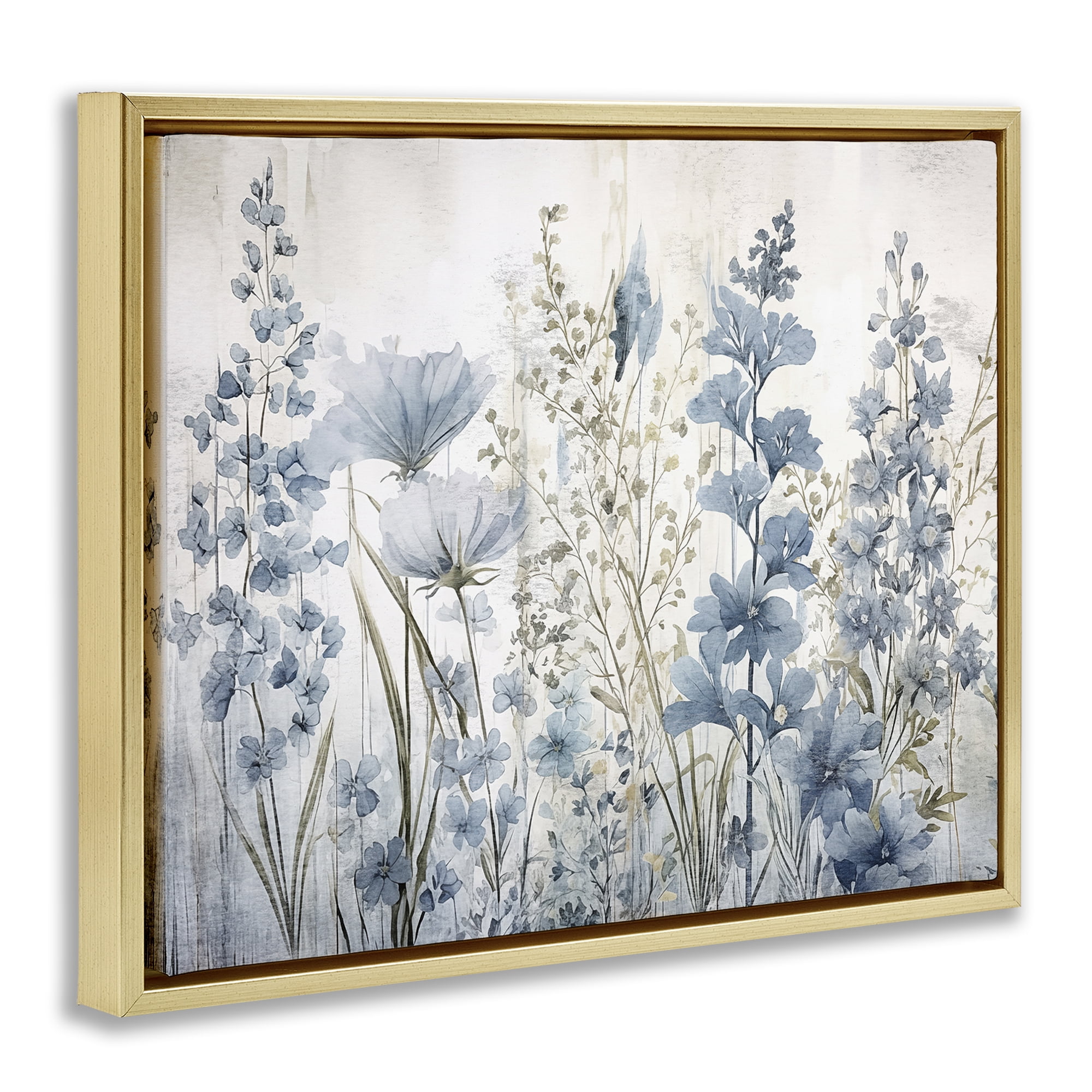 Stupell Industries Blue Nature Blooms Plants & Flowers Painting Gold Floater Framed Canvas Art Print Wall Art, 21 x 17