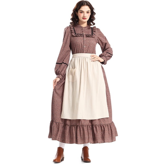 Prairie Dress Women, Halloween Cosplay, Halloween Costume, Halloween Outfit, Halloween Roleplay, Prairie Dress Women Floral Colonial Costume Long Sleeve American Historical Dress, Brown L