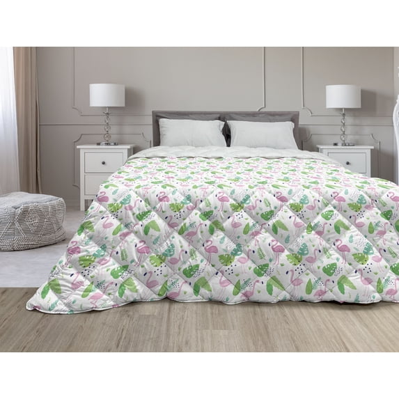 Vintage Palm Down Alternative Comforter, Simplistic Sketch of Monstera Leaves and Pinnation Style Motifs, Microfiber Quilt for All Season, 5 Sizes, White and Multicolor, by Ambesonne