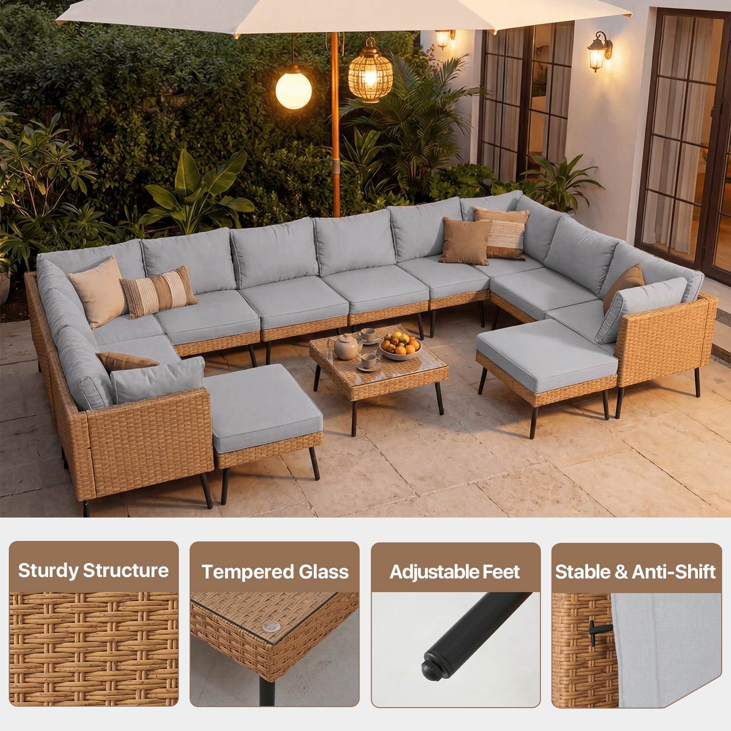 BaPiPro 13-Piece Outdoor PE Rattan Sectional Sofa Set, All-Weather Patio Conversation Set with Cushions & Tempered Glass Coffee Table, Suitable for Courtyard, Backyard and Garden, Grey