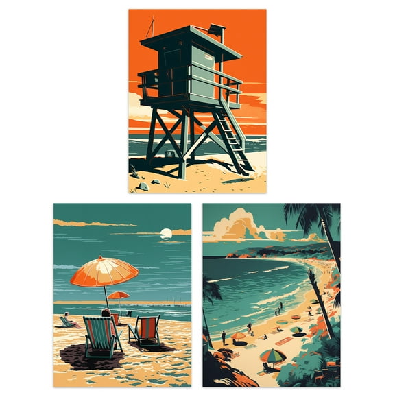 Set of 3 Coastal Landscapes Graphic Artwork Orange Teal Summer Beach Holiday Unframed Wall Art Living Room Poster Prints Pack