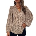 thumbnail image 1 of Blusa de mujer con cuello en V y manga larga con dobladillo suelto y estampado de leopardo con puños elásticos, color caqui M, 1 of 6