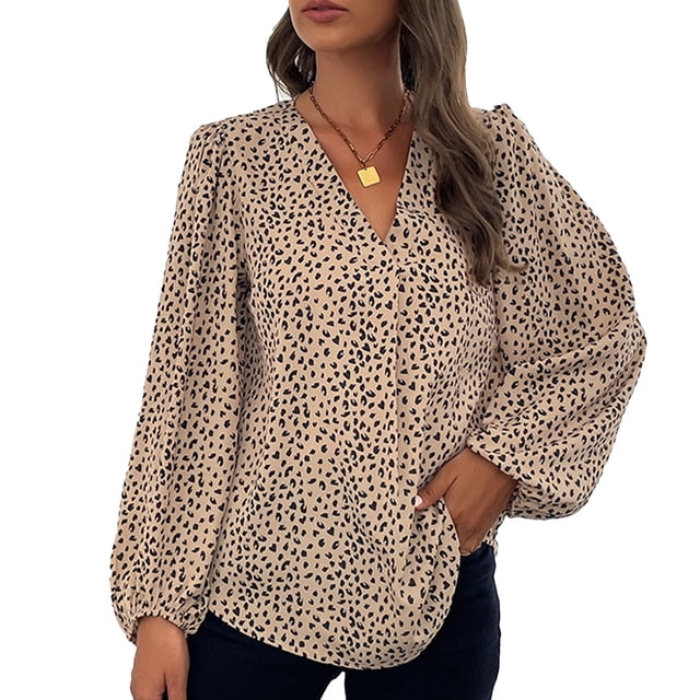Blusa de mujer con cuello en V y manga larga con dobladillo suelto y estampado de leopardo con puños elásticos, color caqui M