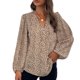 thumbnail image 1 of Mujeres blusa V Masajeadores de cuello linterna manga larga suelta dobladillo estampado leopardo elástico cuff túnica camisa caqui M, 1 of 6