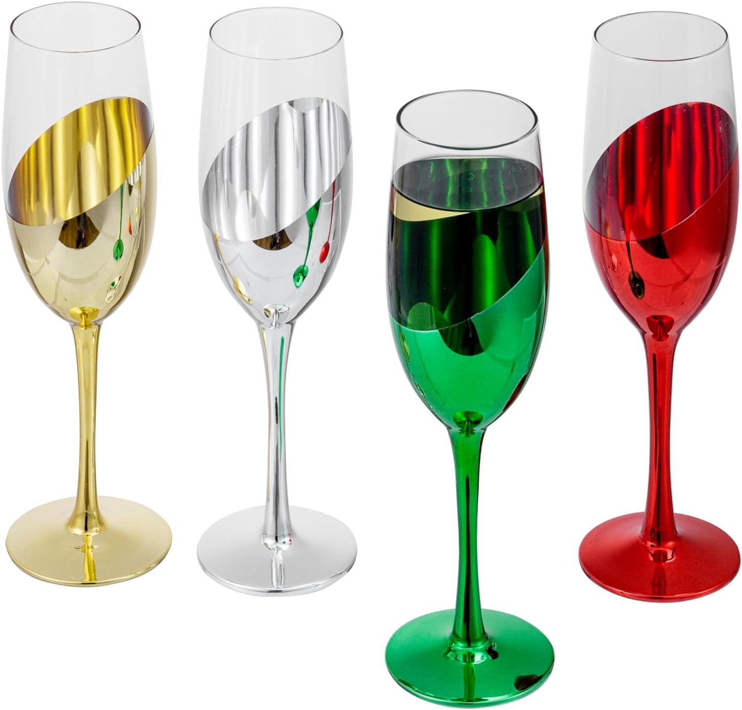 MyGift Set of 4 Multicolor Stemmed Champagne Flutes 6 oz Slanted Design Gold Silver Red Green Toasting Glasses for Holiday Parties Weddings Home Entertaining