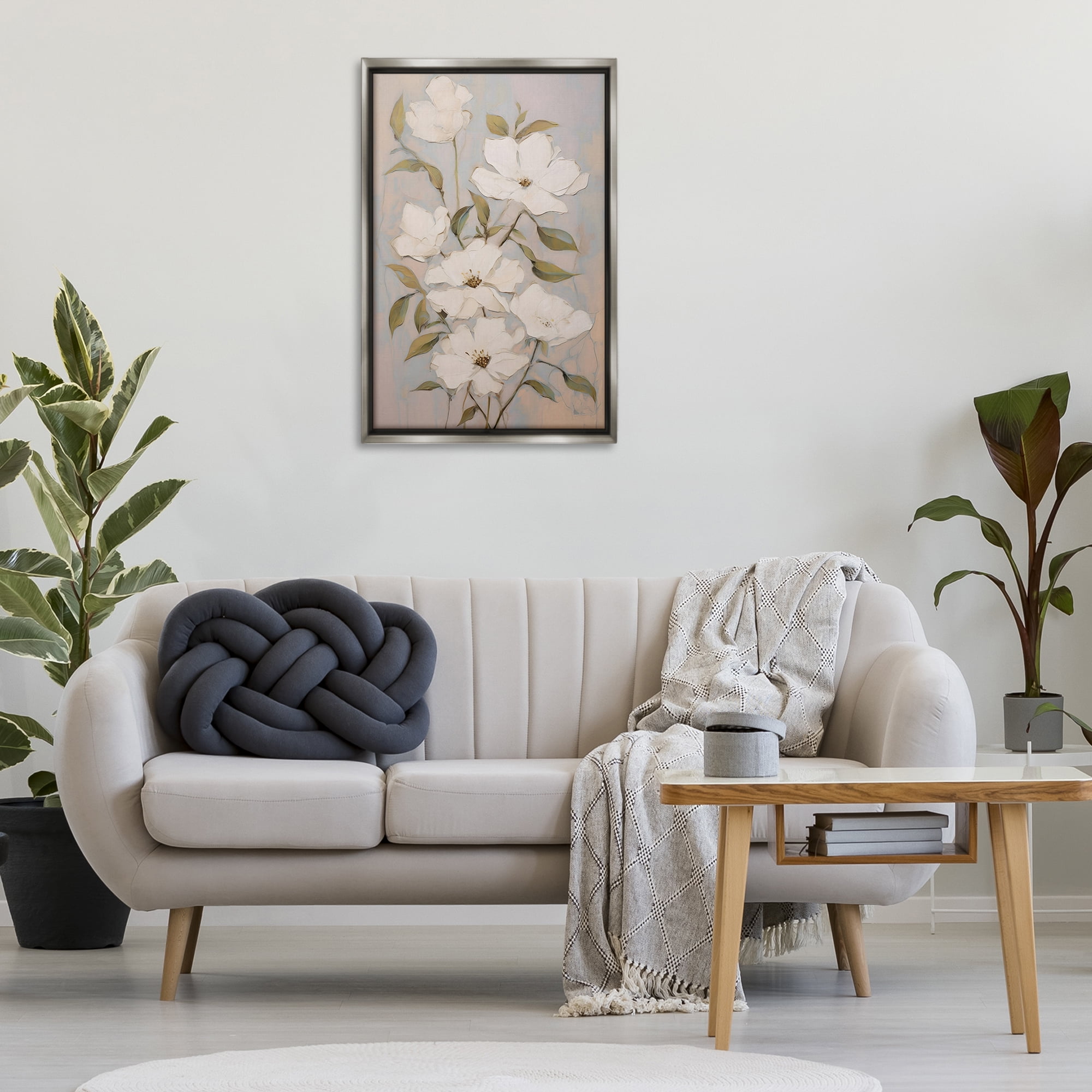 Stupell Industries Pearly White Flowers Botanical & Floral Painting Gray Floater Framed Art Print Wall Art, 21 x 31