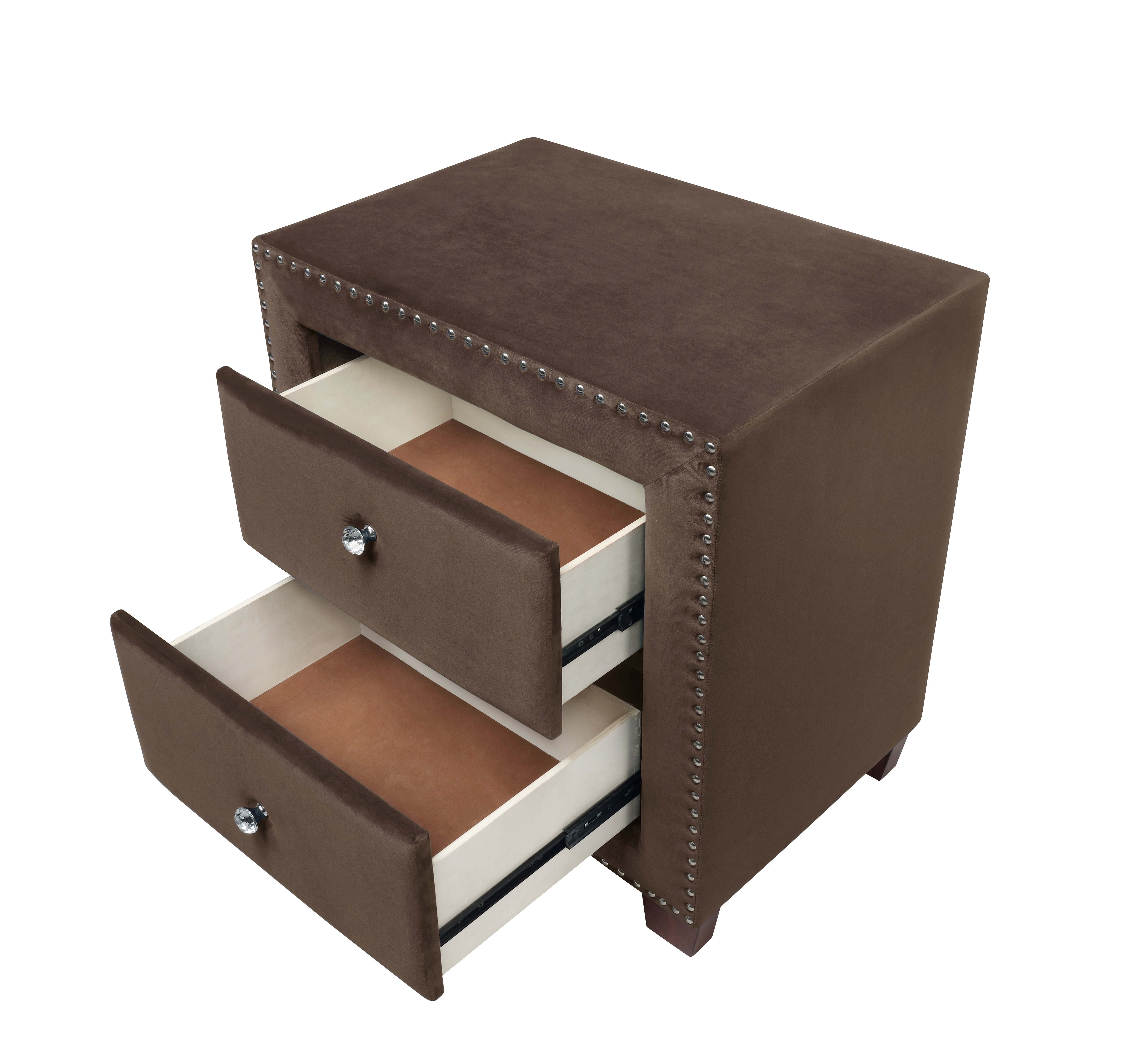 Nathaniel Home Storage Nightstand with 2 Drawers, Faux Velvet Upholstered Nightstand, Modern Bedside Table with Nail Head Trim, Brown