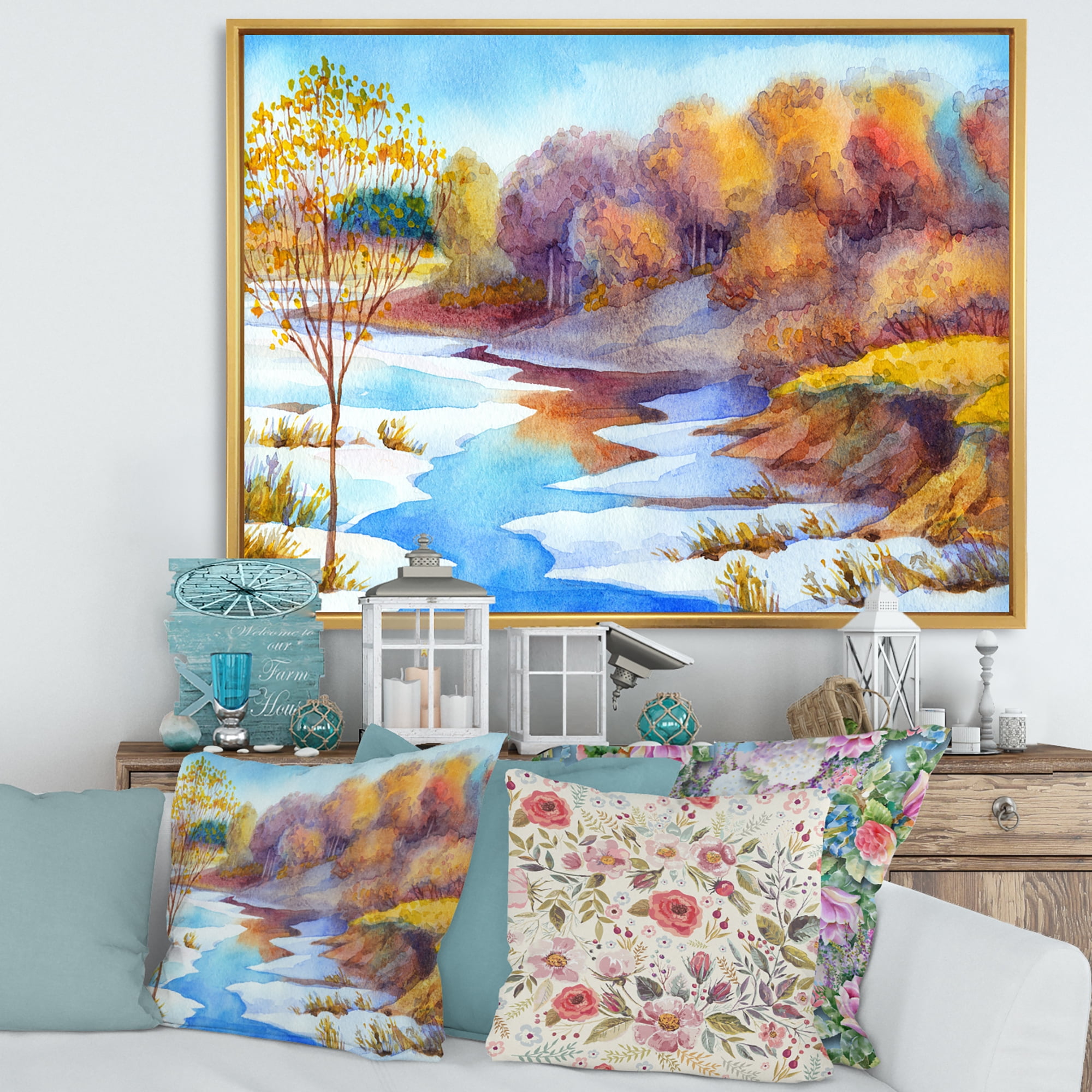Designart 'Stream Though The Winter Forest Valley' Lake House Framed Canvas Wall Art Print