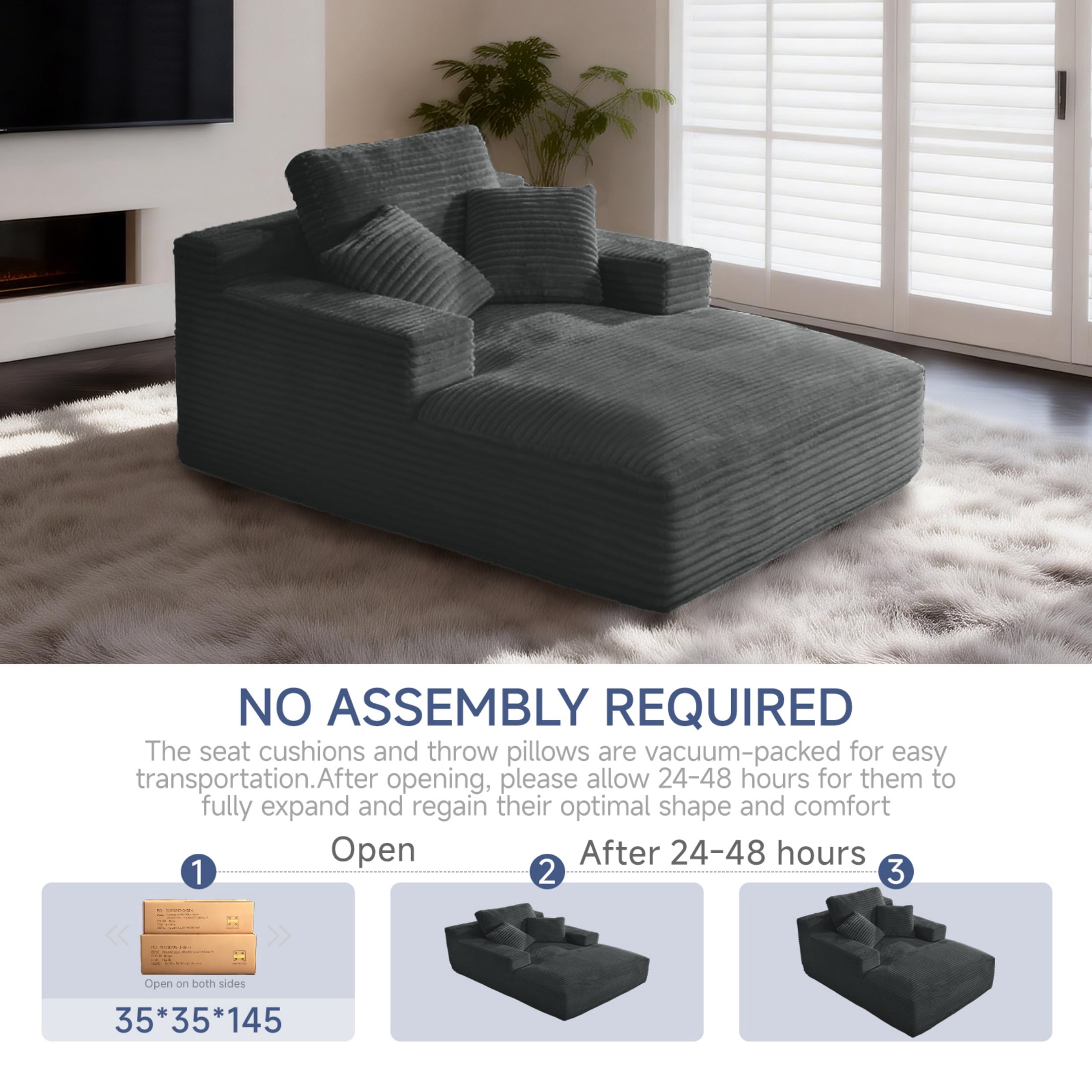 AISWORD 68.5'' Oversized Chaise Lounge Chair Indoor Corduroy Cloud Floor Sofa Bed No Assembly Required Deep Seat Boneless Couch with Pillows, Dark Gray