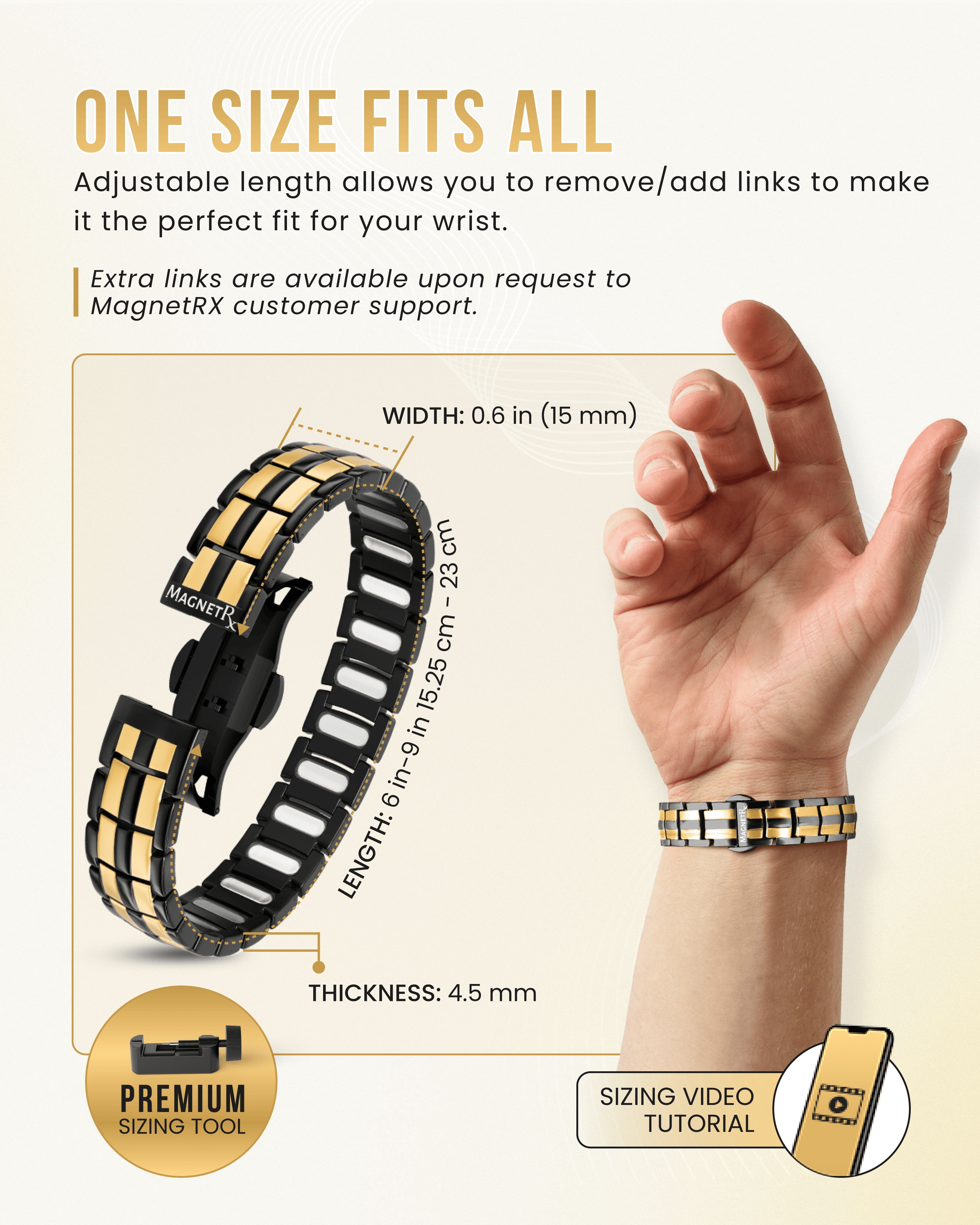 MagnetRX® Magnetic Bracelets for Men - EllipseMAX 5X Strength 5,000 Gauss Magnets - Premium Titanium Mens Magnetic Bracelet & Adjustable Length (Black/Gold)