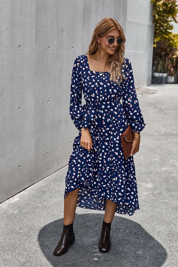 Square Neck Bishop Sleeve Polka Dot Dress for Women Mid Calf Length