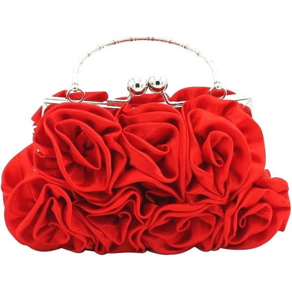 Women Evening Bag Rose Shaped Clutch Bag Satin Handbag Small Shoulder Bag with Kiss Lock