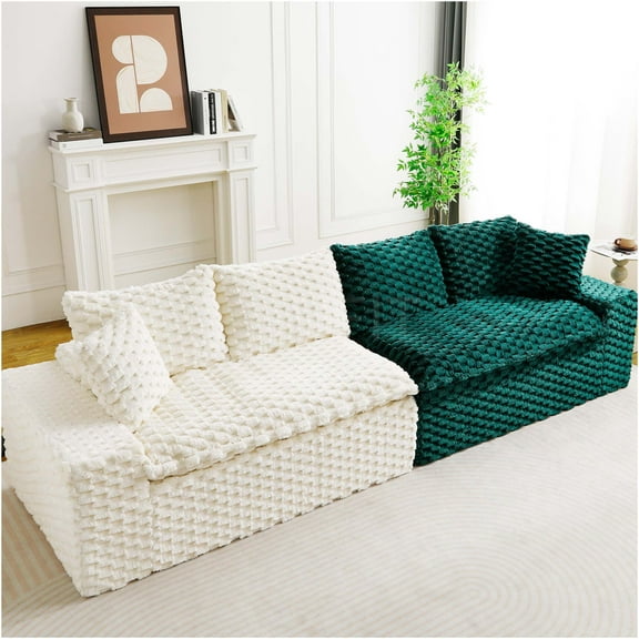 JERFIT Modular Velvet Sofa, 4-Seater Sectional Couch with Pillows, Convertible Living Room Furniture for Small Spaces, White and Green