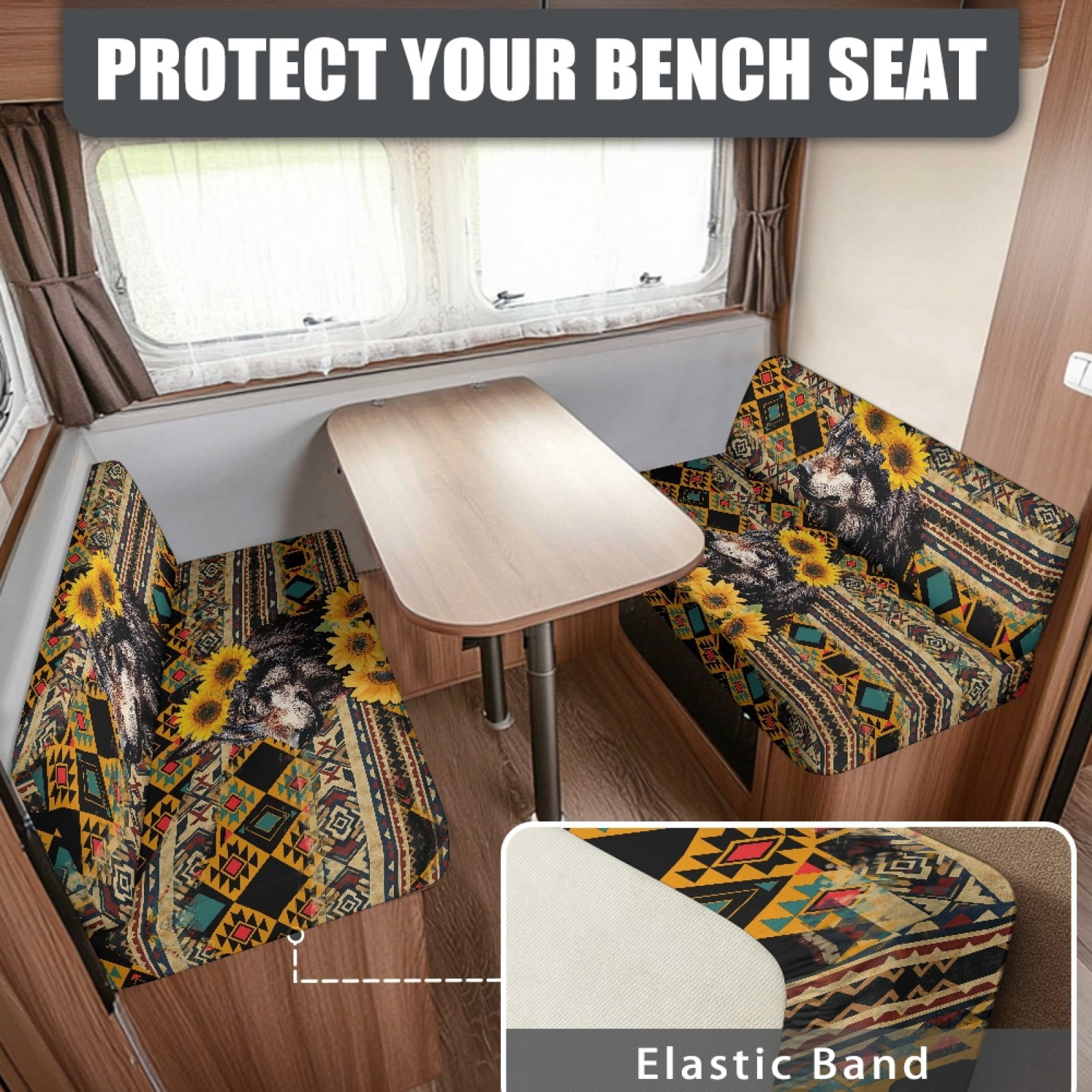 Kuiaobaty Anti-Slip RV Dinette Cushions Covers Couch Cushion Slipcovers RV Sofa Seat Slipcovers Sofa Slipcovers for RV Camper Car Bench, American Tribal Wolf Sunflower Pattern