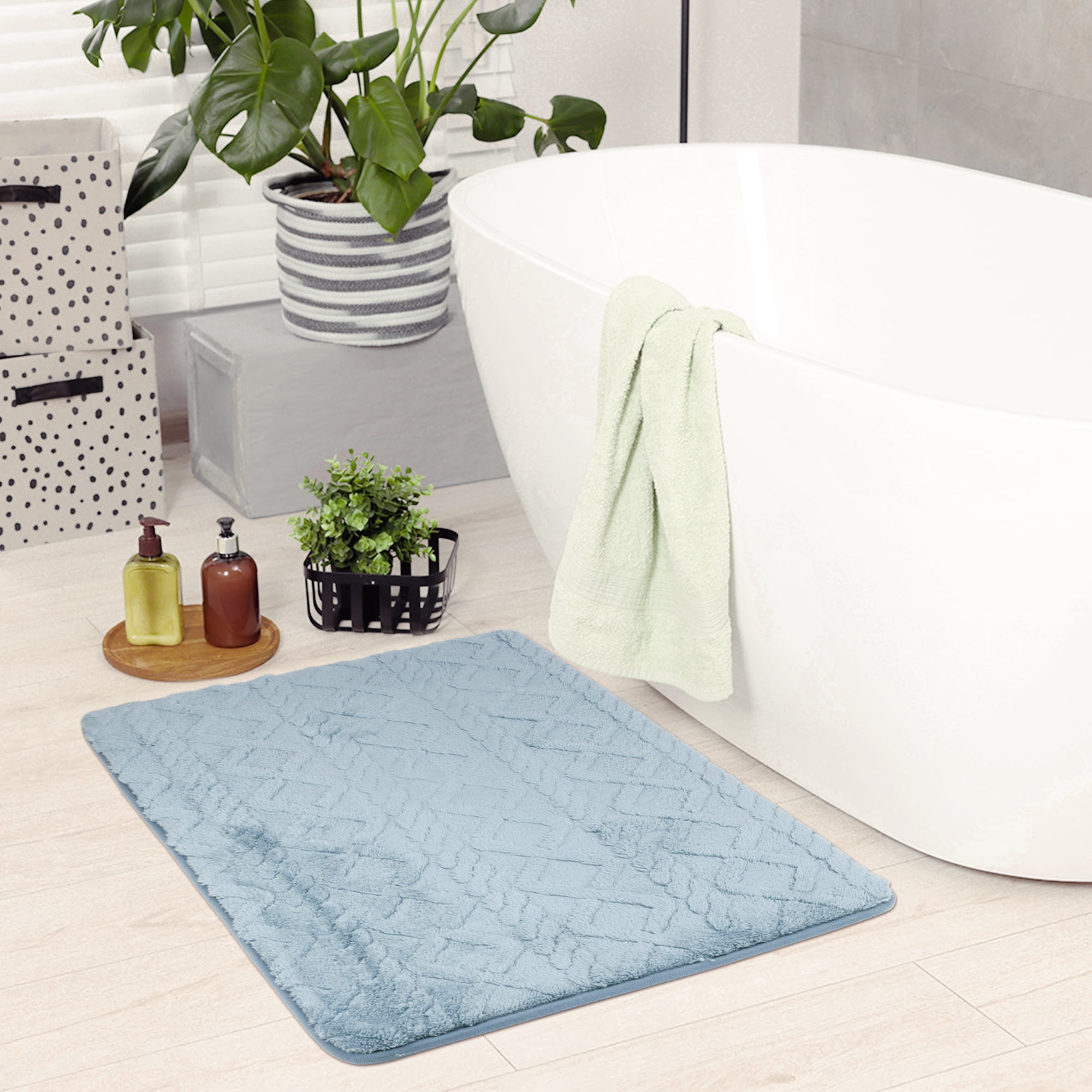Unique Bargains Geometric Pattern Bath Mat Soft Non-Slip Bath Floor Rugs Blue 16" x 24"