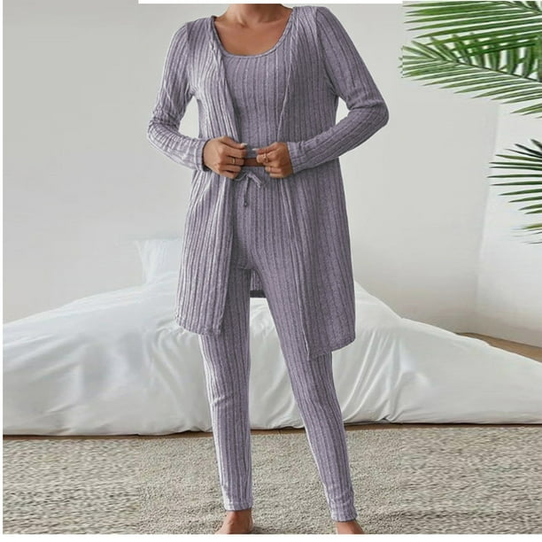 HongQid Womens Waffle Knit 3 Piece Lounge Sets Pajama Tank Top Long Sleeve Cardigan and Pants Loungewear Outfit
