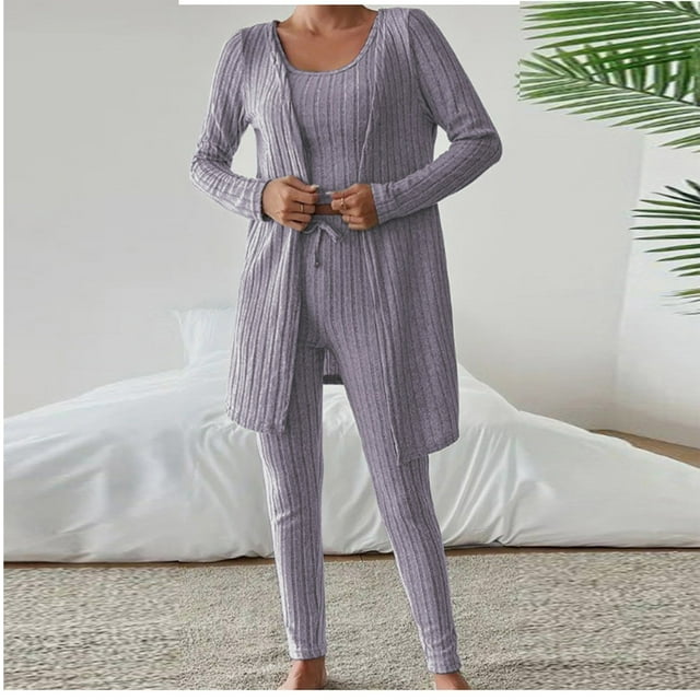 HongQid Womens Waffle Knit 3 Piece Lounge Sets Pajama Tank Top Long Sleeve Cardigan and Pants Loungewear Outfit