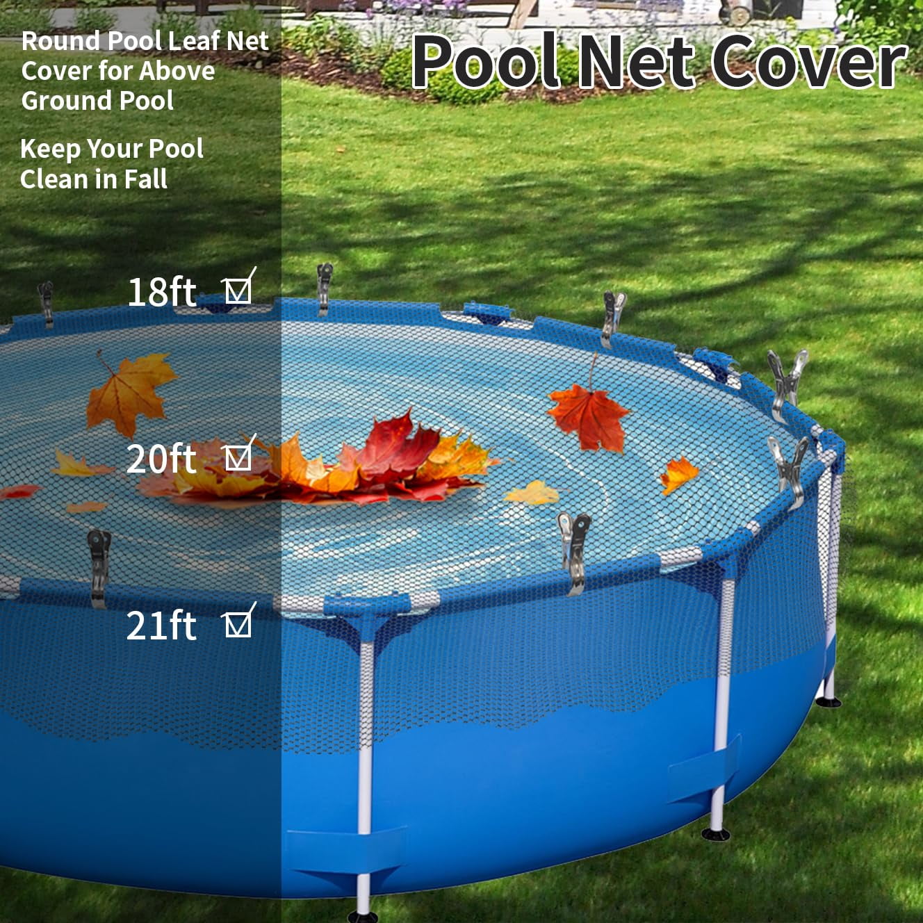 SLUMLOVE Freely cut 21ft Round Pool Leaf Net Cover - Pool Net Cover with 12 Pcs Swimming Pool Cover Clips - Leaf Net for 18ft Above Ground Pools