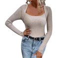 thumbnail image 3 of Camisetas de punto acanaladas ajustadas básicas con cuello cuadrado de manga larga sexy para mujer, 3 of 5