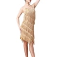 thumbnail image 3 of Vestido con borlas de lentejuelas para mujer, cuello en V, flecos en capas, para club, jazz, cha cha Oro, 3 of 9