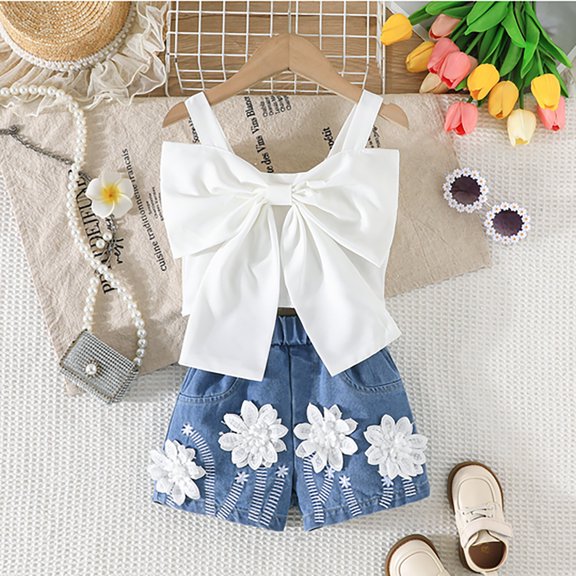 Girls 2 Piece Summer Outfit Big Bow Front Top & Lace Flower Applique Denim Shorts Cute Casual Clothes for Kids White Size 7-8 Years