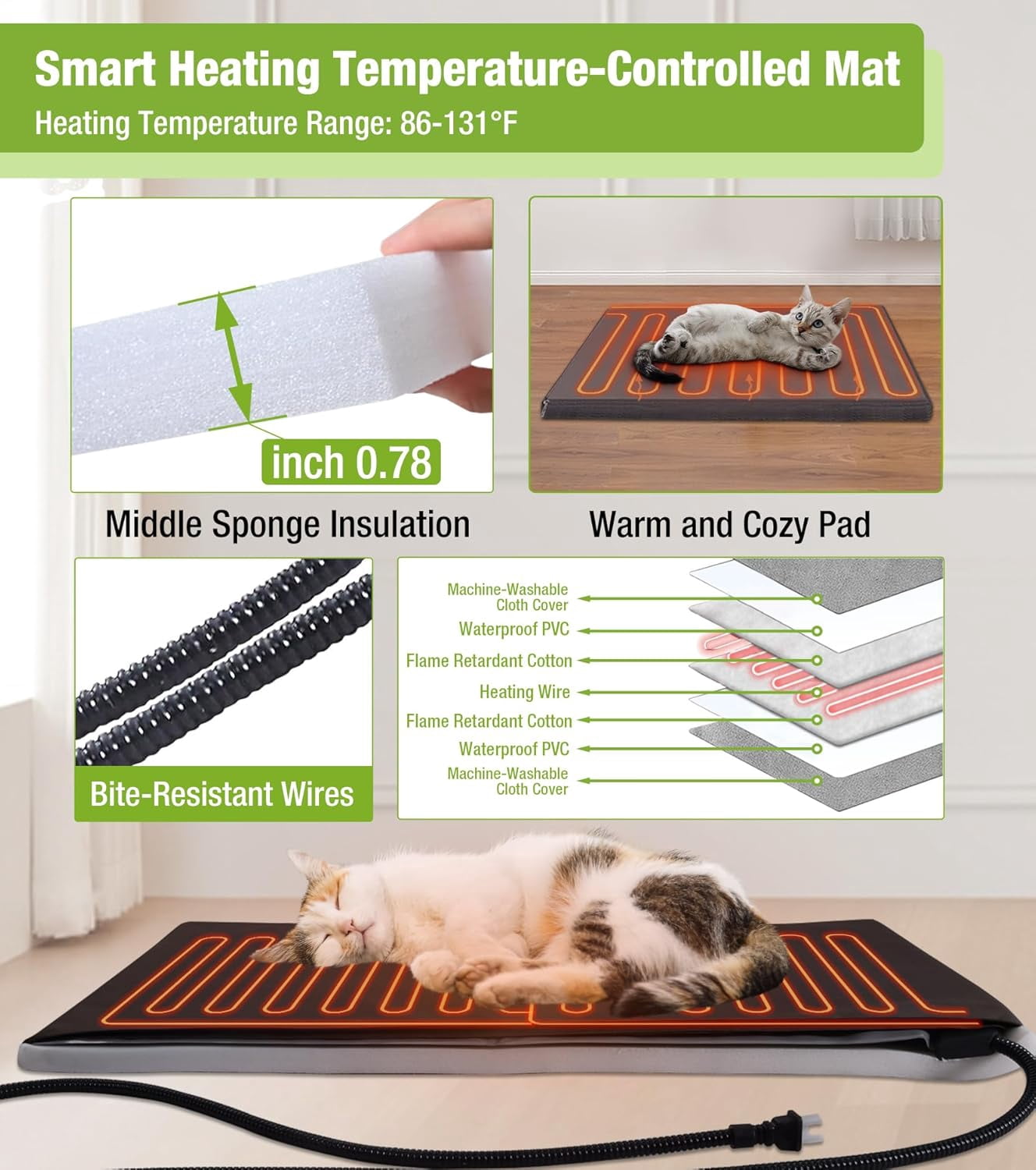 MEDEHOO Heated Cat House for Outside, 2-Story Outdoor Cat House Insulated with Electric Heating Blanket, Waterproof Wooden Cat Shelter with Bite-Resistant Wires