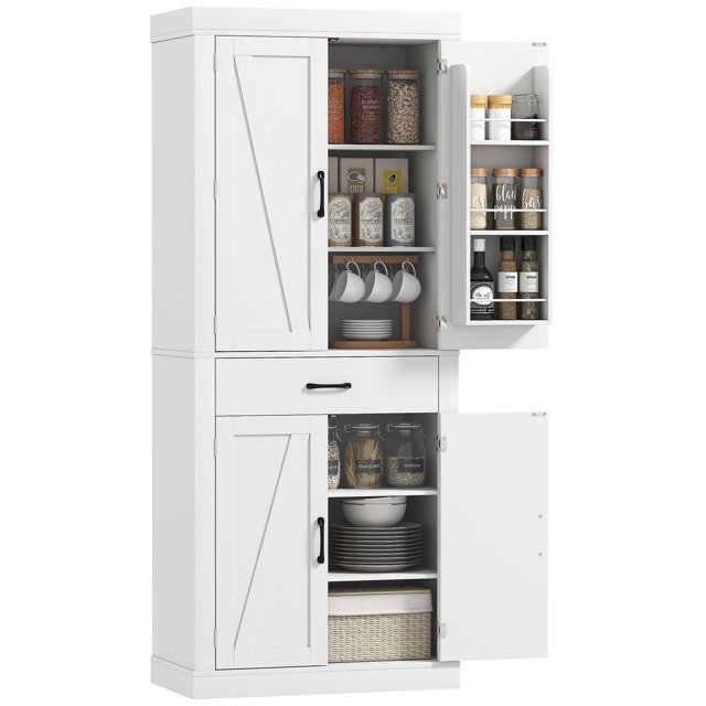 72" Kitchen Pantry Cabinet, Kitchen Storage Cabinet with Barn Doors, White
