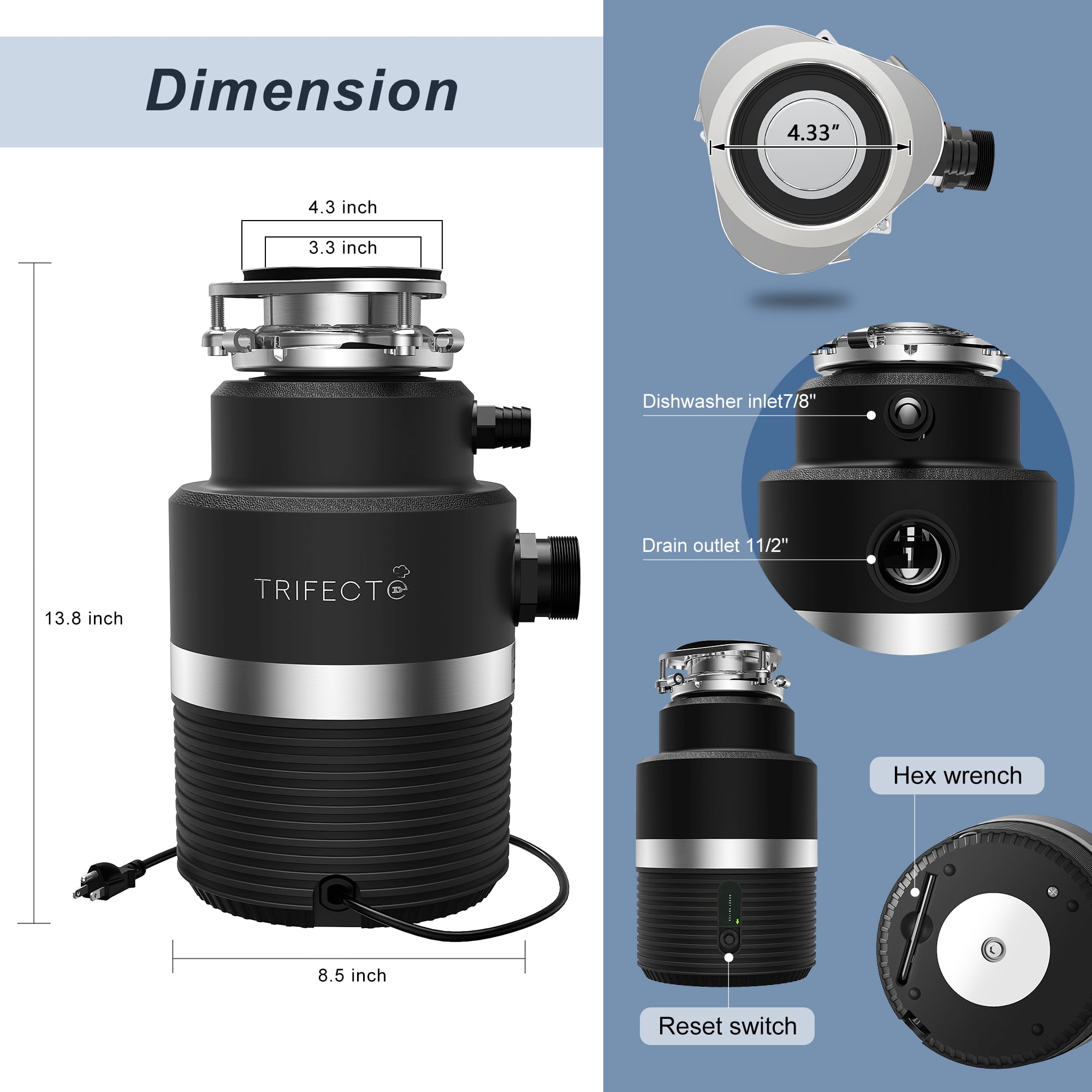 Trifecte 1HP Garbage Disposal, 3000RPM DC Motor Continuous Feed Food Waste Disposal with Power Cord