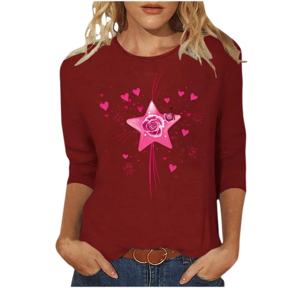 asdoklhq Valentine's Day Graphic Tees Women Day Printed 3/4 Sleeve Crew Neck Fashion Pullover Tops T-Shirt Wine S