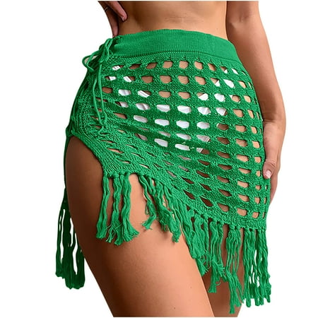 Summer Clearance Sale! TMOYZQ Womens Swimsuit Cover Up Hollow Out Crochet Knit Tassel Side Split Mini Skirt Swimwear Beach Sarong Coverups Bathing Suits Bikini Coverups