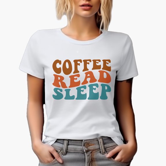 Coffee, Read, Sleep, Book Lover Quote, Groovy Retro Wavy Text Merch Gift, White T-Shirt, Small