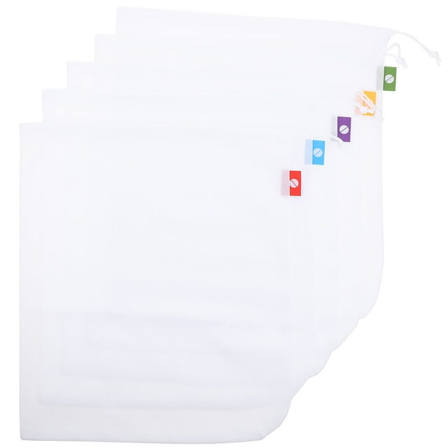 KAKOWELY 5pcs Reusable Produce Bags Drawstring Mesh Bags Vegetables Fruit Mesh Bags,13.78X"X11.81"X0.04"