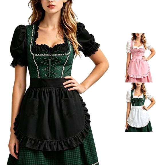 Jane Wardrobe Ruffle Hem Pocket Dirndl Apron Skirt Women Oktoberfest Adjustable Tie Waist Half Apron 1PC One Size
