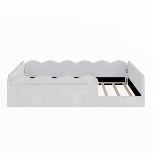Full Size Kids Upholstered Floor Bed with Ultra-Soft Rabbit Plush Fabric, Padded Wave Guardrails, Side Storage Pockets, and 10 LVL Slats – No Box Spring Needed, Light Gray